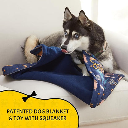 Toy & Blanket Combo.| Ultra Soft, Durable & Machine Wable Pet Blanket and Squeaky Teething Toys for Small Puppy to Medium Dogs | 22" x 27" - Blue/Dark Blue