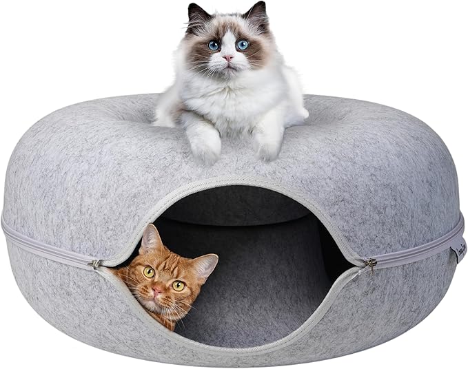 Emory Lane - Premium Cat Cave for Small Pets, Multifunctional Donut Tunnel Bed for Indoor Pets, Round Felt Pet Cave with Premium Zipper, for Pets up to 40 Lbs (24x24x11 Inch) (Light Gray)