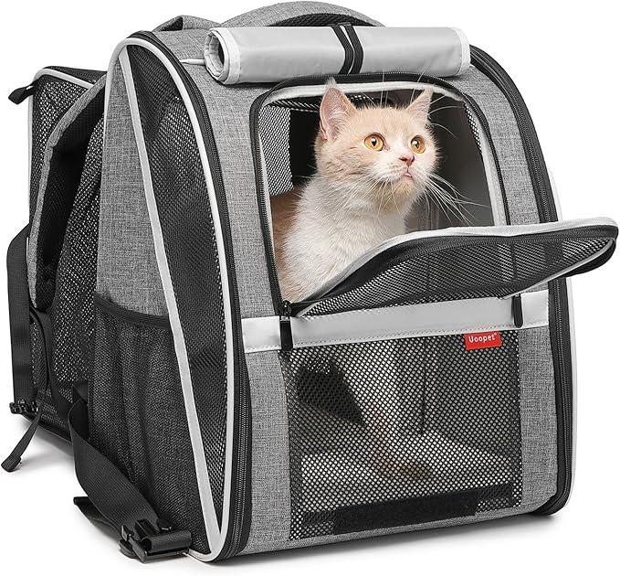 Large Cat Carrier Backpack, Expandable Pet Carrier Backpack for Small Dogs Medium Cats, Dog Carrier Backpack, Airline Approved Foldable Puppy Backpack Carrier for Travel, Hiking (Grey, Large)