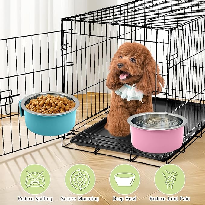 Tfwadmx 4 Pcs Crate Dog Bowl Cat Removable Stainless Steel Food and Water Feeder Hanging Cage Bowls Coop Cup with Cleaning Set for Pet Puppy Bird Rat Guinea Pig Ferret Bunny Rabbit (Light Blue, Pink)