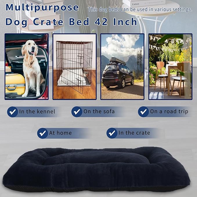 28x42 Dog Crate Bed Washable,Soft Plush Fur Comfy Dog Beds for Large Dogs Pet Bed for 80lb Dog,Dog Crate Mat 42 Inch Orthopedic Anti Anxiety with Non-Slip Bottom Provide Calming Sleeping(Navy Blue