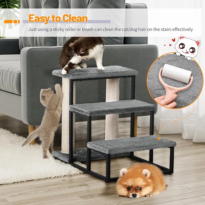 Snughome Dog Stairs & Cat Scratching Post for High Beds Couch 40 lbs 3-Step Stairs-Grey