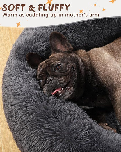 KSIIA Calming Dog Bed Anti-Anxiety Round Donut Dog Beds for Small Dogs Cat Beds for Indoor Cats Fluffy Comfort Small Dog Bed with Ultra-Soft Plush Washable Dog Bed with Non-Skid Bottom 23", Gray