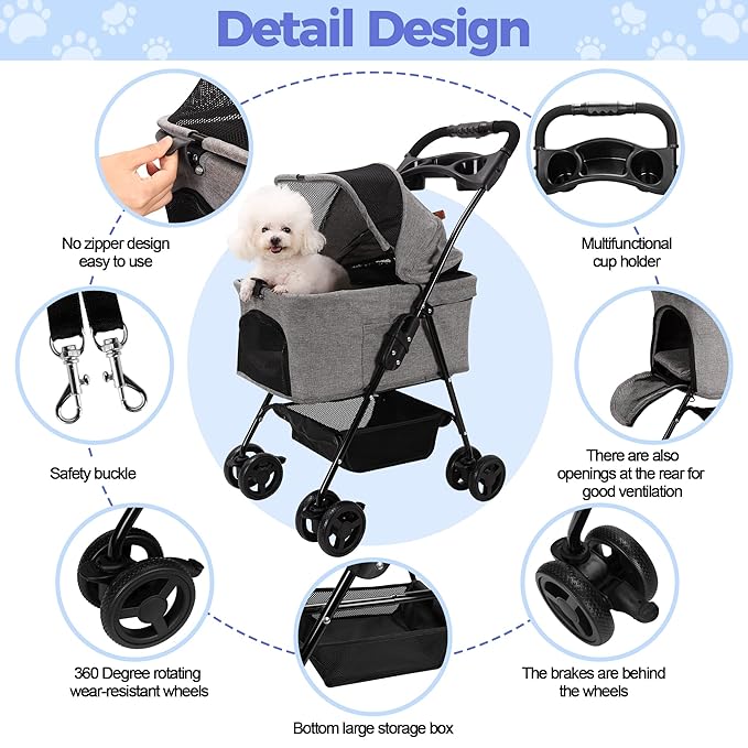Dog Stroller Foldable Detachable Cat Stroller Dog Strollers for Small Dogs 4 Wheels Rotate 360 Degrees with Brakes