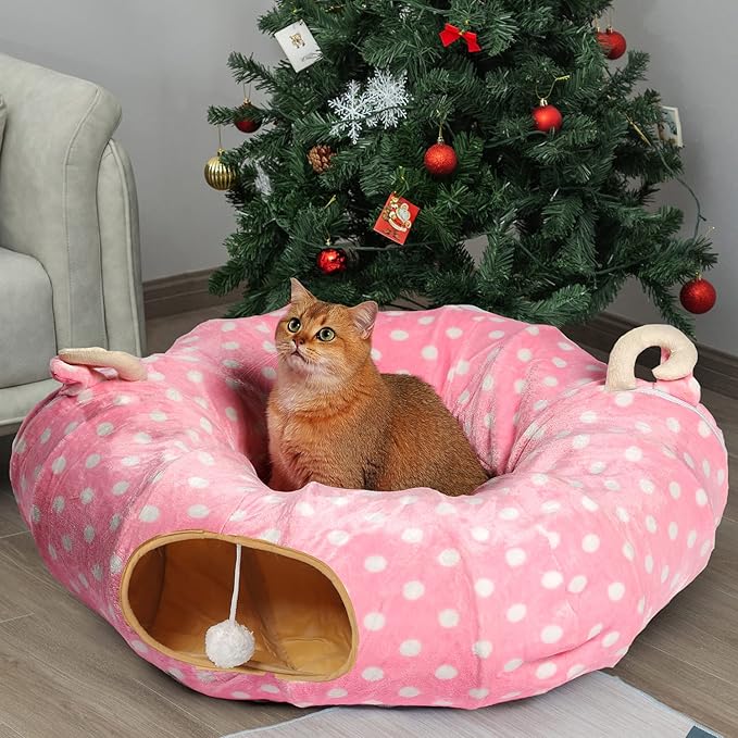 AUOON Cat Tunnel Bed with Central Mat,Big Tube Playground Toys,Soft Plush Material,Full Moon Shape for Kitten,Cat,Puppy,Dog,Rabbit,Ferret,Pink