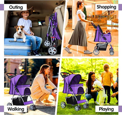 Pet Stroller 4 Wheels Dog Cat Stroller for Medium Small Dogs Cats, Folding Cat Jogger Stroller with Storage Basket & Breathable Mesh, Easy to Walk Travel Carrier, Purple