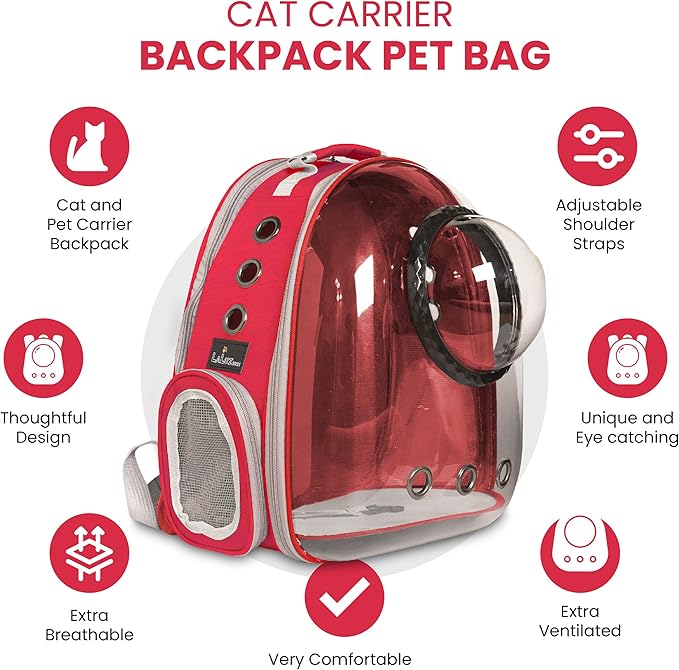 LaLuz2021 Cat Backpack Carrier Pet Bag- Expandable Tent Double Bubble Capsule Backpacks - Plush mat with Bonus Hook and Loop Fasterner and Built-in Leash Clip - Red