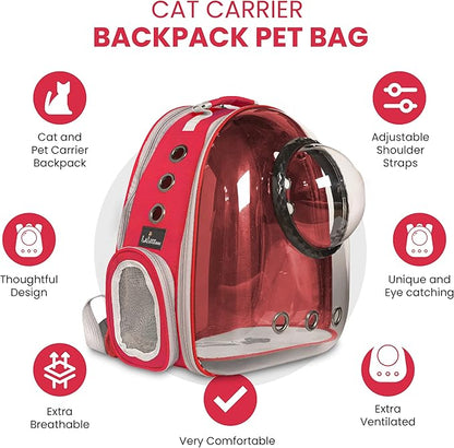 LaLuz2021 Cat Backpack Carrier Pet Bag- Expandable Tent Double Bubble Capsule Backpacks - Plush mat with Bonus Hook and Loop Fasterner and Built-in Leash Clip - Red