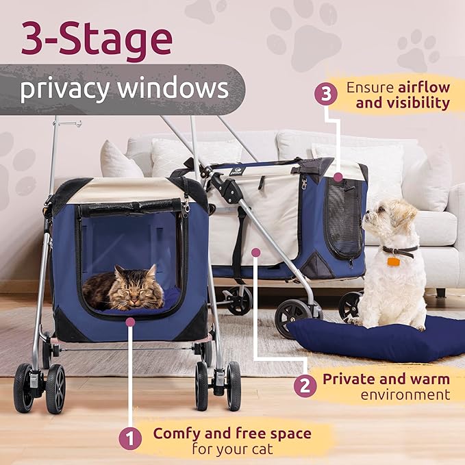 Large Premium Cat Stroller. Fits Up to 2 Cats. Pet Stroller with Top Loading & Side Loading