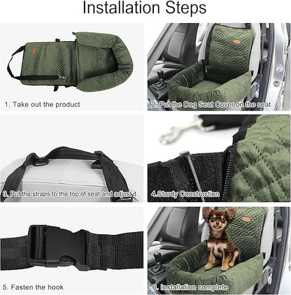 X AUTOHAUX Car Dog Bed Cat Seats Booster Seat Flannel Puppy Bed Back Car Dog Seat Travel Safety Carseat/Carrier Washable Cover with Seat Belt for Medium Small Sized 5-15 lb Green