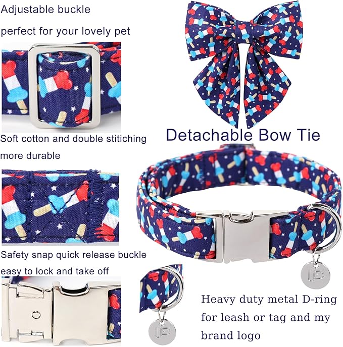 Patriotic Dog Collar with Bow Tie 4th of 8-12in