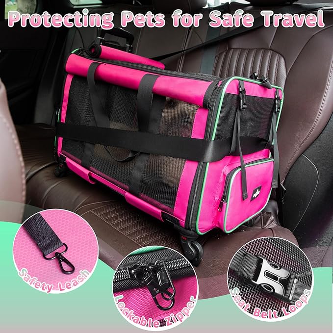 Large Cat Carrier with Wheels, Foldable Rolling Cat Carrier for 2 Cats with Wheels for Cat Dog Under 30 lbs, Cat Carrier Travel Bag with Large Pocket for Outdoor, Pink