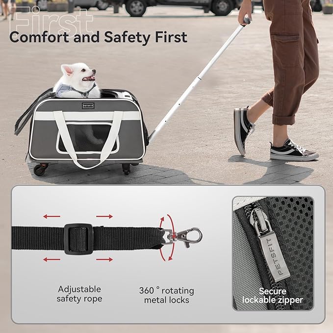 PETSFIT Airline Approved Cat Carrier with Wheels Designed for Small Dogs/Cats with Adjustable Safety Rope & Removable Wheels