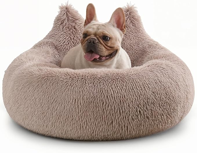 Westen Home Calming Small Dog Bed, Donut Washable Dog Beds for Small Dogs, 27 inches Anti-Slip Round Fluffy Plush Cute Dog Bed, Fits up to 35 lbs Pets, Brown