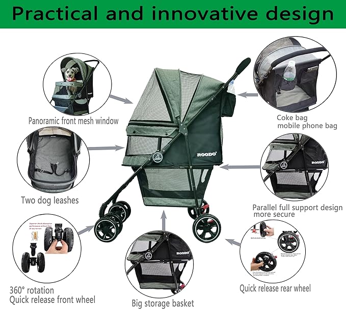 ROODO Dog Stroller 4 Wheel Pet Stroller Cat 30lbs(Cationic ash)