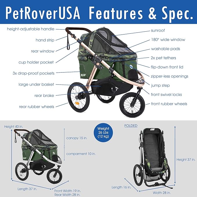 HPZ Pet Rover Run Performance Jogging Sports Stroller with Comfort Rubber Wheels/Zipper-Less Entry/1-Hand Quick Fold/Aluminum Frame for Small/Medium Dogs