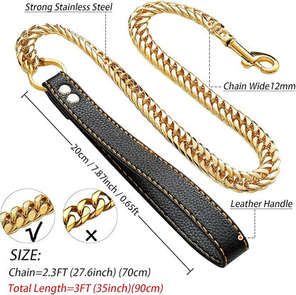 Strong Gold Dog Chain Leash 3FT 4FT 5FT Stainless Steel 12mm Dog Leash with Comfortable Genuine Leather Handle for Large 3FT)