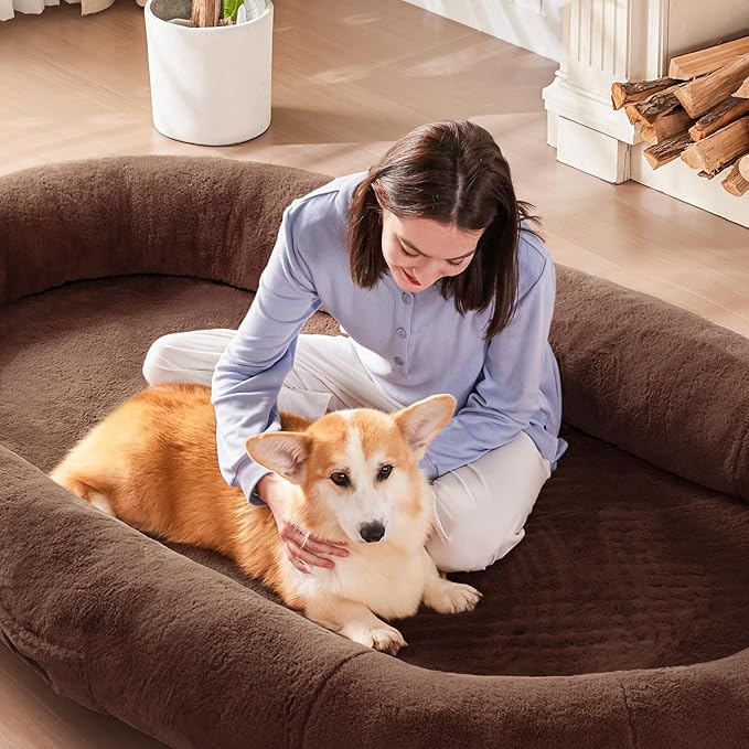 Yojoker Human Dog Bed for People Adults, Giant Bean Bag Bed with Blanket 72"x48"x10", Washable Faux Fur Nap Bed Adult Oval for People, Removable Large Memory Foam Human Sized Dog Bed Brown