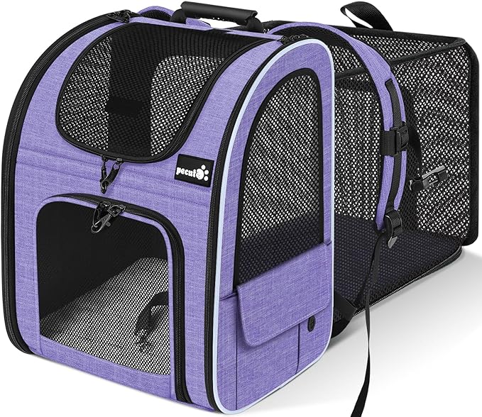 Pecute Cat Backpack Carrier, Expandable Cat Carrier Backpack with Breathable Mesh, Pet Carrier Backpack for Cats Small Dogs Puppies, Dog Backpack Carrier Great for Travel Hiking Camping Outdoor Purple