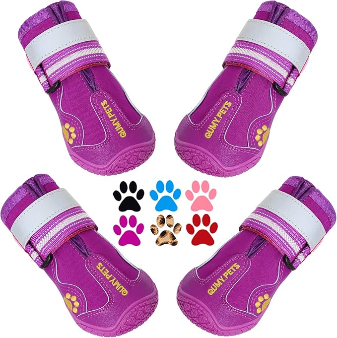 QUMY Dog Shoes for Large Dogs, Medium Dog Boots & Paw Protectors for Winter Snowy Day, Summer Hot Pavement, Waterproof in Rainy Weather, Outdoor Walking, Indoor Hardfloors Anti Slip Sole Purple Size 8