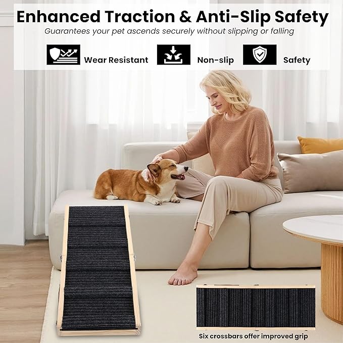 Adjustable Dog Ramp for Small Dogs | 4 Heights (10-17.3") | Folding, Non-Slip Pet Ramp | Durable Wooden Ramp for Low heighted Beds