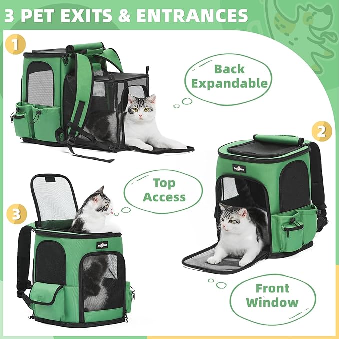 Cat Carrier Backpack, Expandable Pet Dog Backpack Carrier with Breathable Mesh for Small Medium Cat Dog Under 20LBS, Foldable Puppy Kitten Backpack Carrier for Hiking Travel Camping, Green