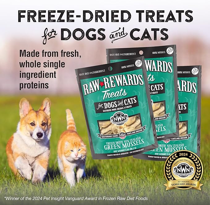 Northwest Naturals Raw Rewards Freeze-Dried Green Lipped Mussel Treats for Dogs and Cats - Bite-Sized Pieces - Healthy, 1 Ingredient, Human Grade, Natural - 2 Oz (Pack of 3) (Packaging May Vary)