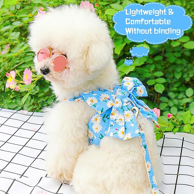 Dog Harness Vest Set for Small Girl Dogs with D-Ring Soft Comfortable Mesh Dog Harness Vest Pet Daisy Floral Bow Tie for Small Medium Large Dogs (Blue, L)