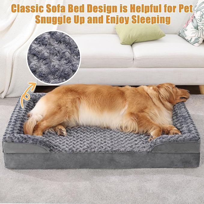 KSIIA Orthopedic Dog Beds Large Sized Dog Couch Waterproof Dog Bed Washable Dog Bed Egg Foam Pet Bed with Removable Bolster & Nonskid Bottom Large Dog Bed Sofa 36 x 27 x 6 Inch
