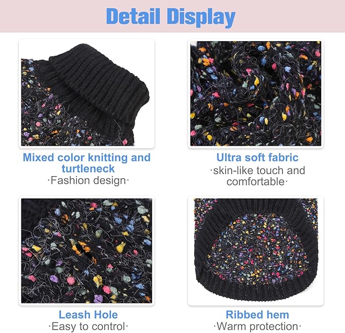 BEAUTYZOO Cable Knit Small Dog Sweater, Color Block with Fuzzy Thread Knitted Turtleneck Dog Knitwear with Dots in a Variety of Colors for Small Medium Dogs Fall Winter Dog Clothes, XS Black