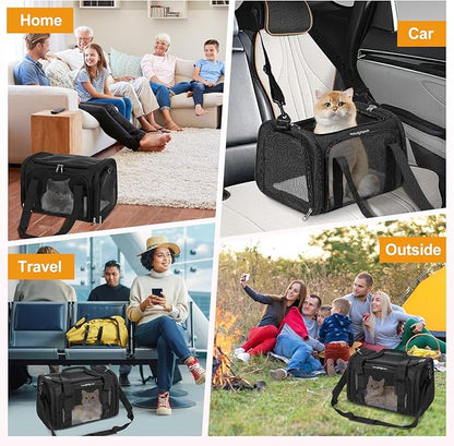 Cat Dog Carrier Up to 15 Lbs TSA Airline Approved Pet Carrier for Small Medium Cats Puppies Dog Carriers for Small Dogs Collapsible Soft Sided Cat Travel Carrier - Black 15.7"x10.2"x10.2"