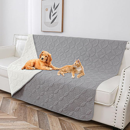 Waterproof Dog Blanket, 68x82 inches Pet Couch Covers for Sofa, Bed Furniture Protector from Dogs Washable and Reversible-Lightgrey+Cream