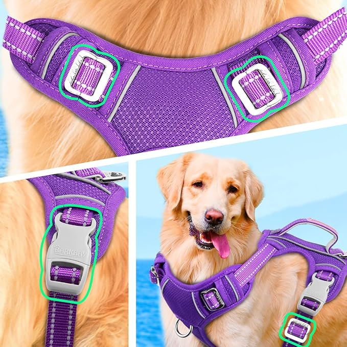 BARKBAY No Pull Dog Harness Large Step in Reflective Dog Harness with Front Clip and Easy Control Handle for Walking Training Running with ID tag Pocket(Purple