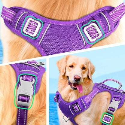 BARKBAY No Pull Dog Harness Large Step in Reflective Dog Harness with Front Clip and Easy Control Handle for Walking Training Running with ID tag Pocket(Purple