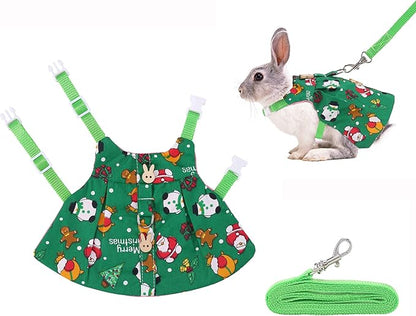 Adjustable Christmas Rabbit Harness and Leash Set, Small Animal Christmas Costume Bunny Clothes Santa Snowman Pattern Outfit for Ferret Guinea Pig Rabbit Bunny Hamster(Green/M)