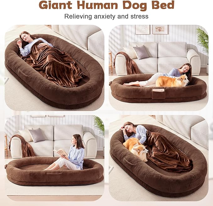 Yojoker Human Dog Bed for People Adults, Giant Bean Bag Bed with Blanket 72"x48"x10", Washable Faux Fur Nap Bed Adult Oval for People, Removable Large Memory Foam Human Sized Dog Bed Brown