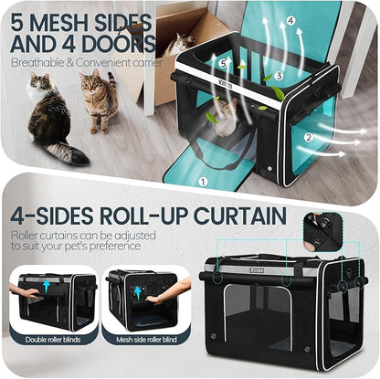 Petskd Extra Large Cat Carrier with Wheels and Litter Box, 24"x17"x17" Rolling Soft Carrier Until 55LBS Pets with 5 Breathable Mesh Windows and Locking Zippers for Long Distance Car Travel(Black)