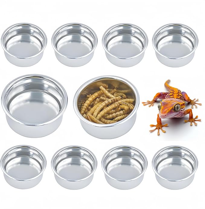 Crested Gecko Food and Water Feeding Metal Cups, Reptile Feeder Bowls, for Lizard and Other Small Pet Ledge Accessories Supplies - 10 Metal Cups