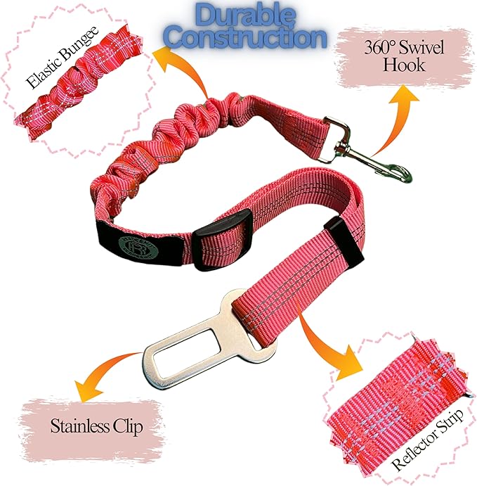 Reflective 2 in 1 Dog, Puppy and Cat Stretchable, NonChew, Indestructible Seat Belt Harness Leash and Headrest Collar Accessary for Vehicle, Pet Safety, Nylon, Heavy Duty and Elastic (Pink)