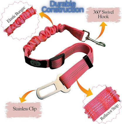 Reflective 2 in 1 Dog, Puppy and Cat Stretchable, NonChew, Indestructible Seat Belt Harness Leash and Headrest Collar Accessary for Vehicle, Pet Safety, Nylon, Heavy Duty and Elastic (Pink)