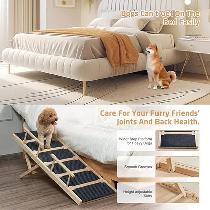 Wooden Dog Ramp for High Bed, 47.2" Long Non-Slip Dog Ramp for Couch, 6 Adjustable Heights from 15.7" to 28" with Side Rails Anti-Slip Traction Mat for Small Medium Large Dogs(Up to 160 Lbs)