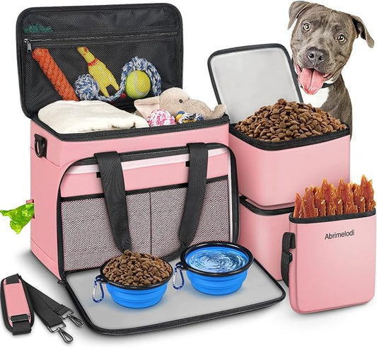 6 Set Dog Travel Bag, Large Pet Travel Kit for Supplies, Includes 2 Food Containers, 1 Travel Organizer for Dogs, 2 Collapsible Bowls, 1 Treat Pouch, Pink Dog Mom Gifts for Women