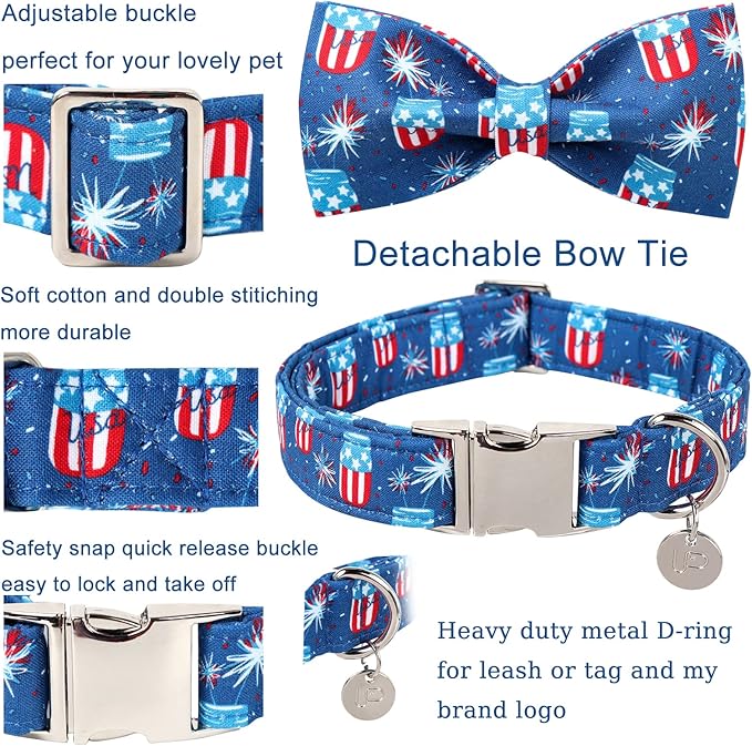 4th of July Dog Collar with Bow Tie 16-26in
