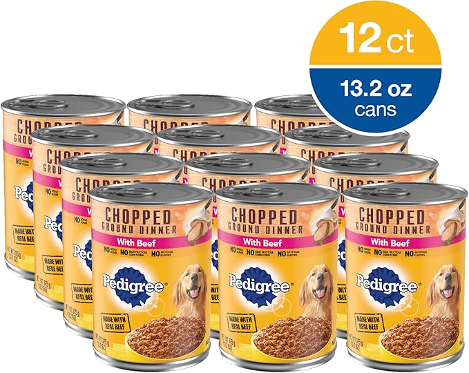 PEDIGREE Adult Canned Wet Dog Food Chopped Ground Dinner with Beef, (12) 13.2 oz. Cans