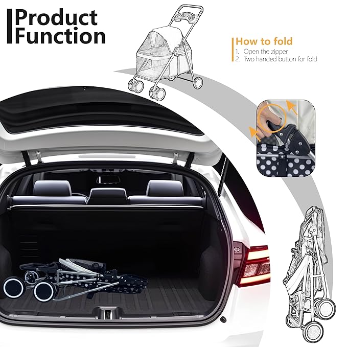 4 Wheels Posh Foldable Pet Stroller for Medium Small Dogs/Cats 33lbs(Black Dot)
