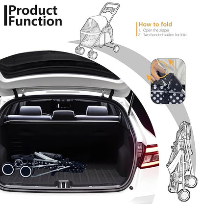 4 Wheels Posh Foldable Pet Stroller for Medium Small Dogs/Cats 33lbs(Black Dot)