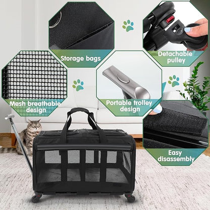 2 Set Double Cat Carrier with Wheel,Extra Large Pet Carrier for 2 Cats,Rolling Dog Carrier, Pet Travel Carrier for Outdoor Hiking Camping Veterinary Visits, Black