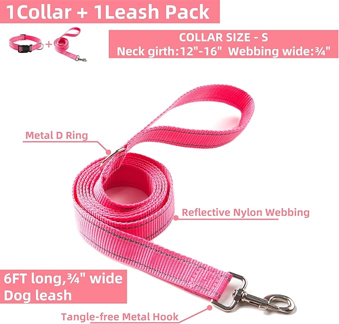 Dog Collar and Leash Set for Small,Medium,and Large Dogs,Ajustable Reflective Nylon Dog Collars and Leashes with Quick Release Buckle,Pink S(Collar+Leash)