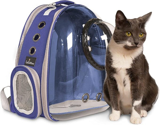 LaLuz2021 Cat Backpack Carrier Pet Bag- Expandable Tent Double Bubble Capsule Backpacks - Plush mat with Bonus Hook and Loop Fastener and Built-in Leash Clip - Blue