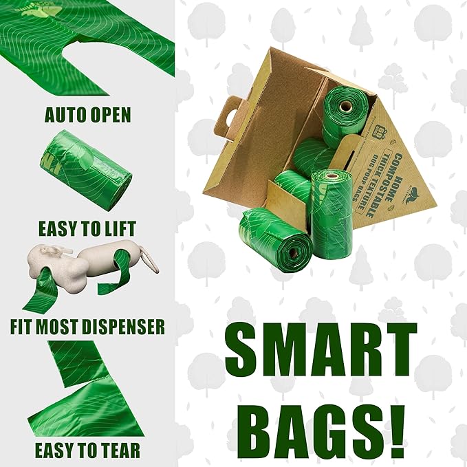 100% Home Compostable Dog Poop Bags With Handles 33% Thicker 8x Protection 60 Bags)
